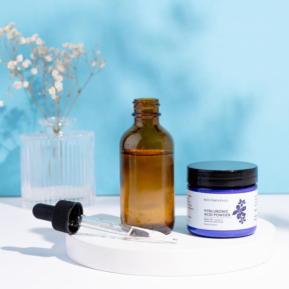 Bos Essentials on bathroom shelf in natural light showing minimalist routine benefit