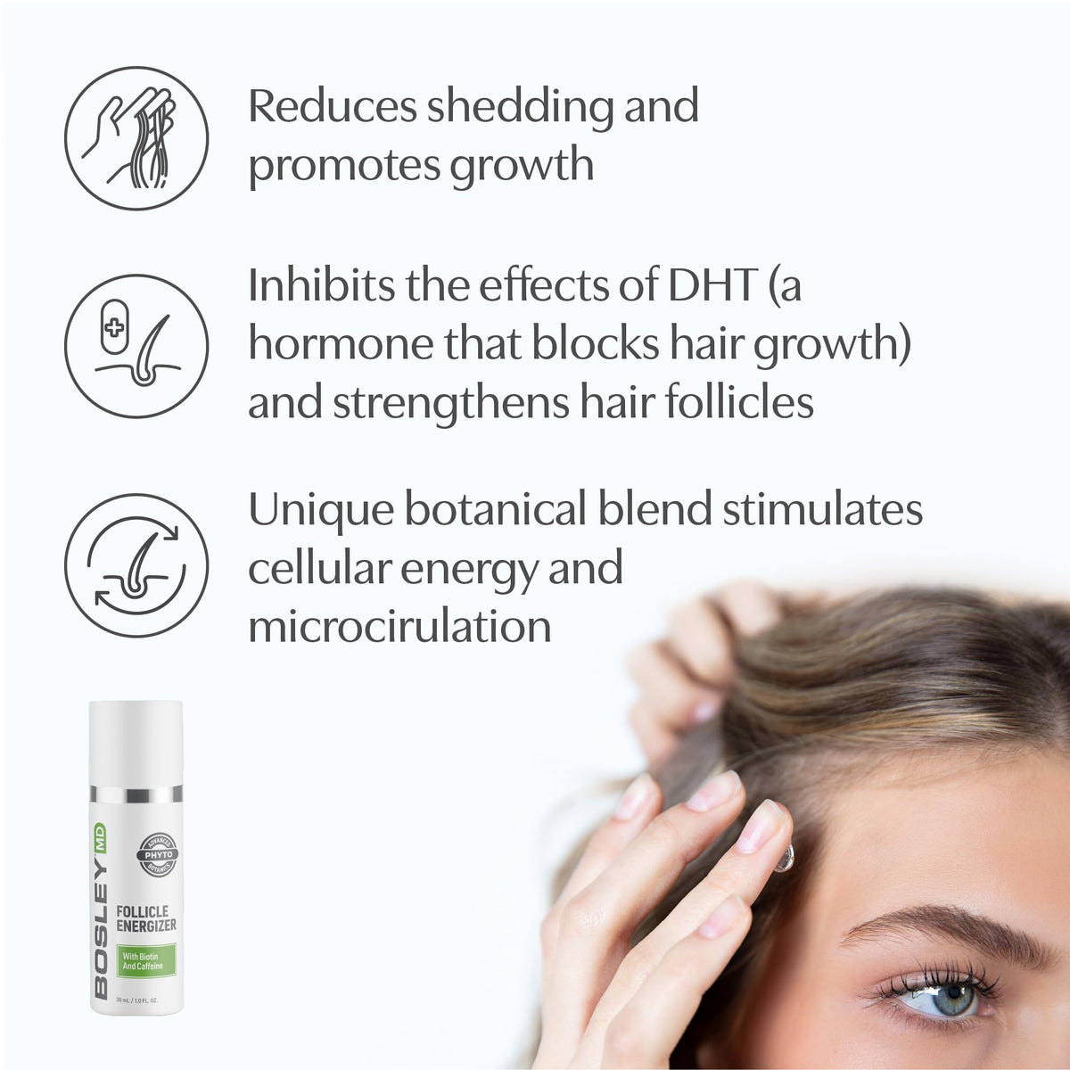 BosleyMD applying serum to scalp demonstrating focused absorption benefit