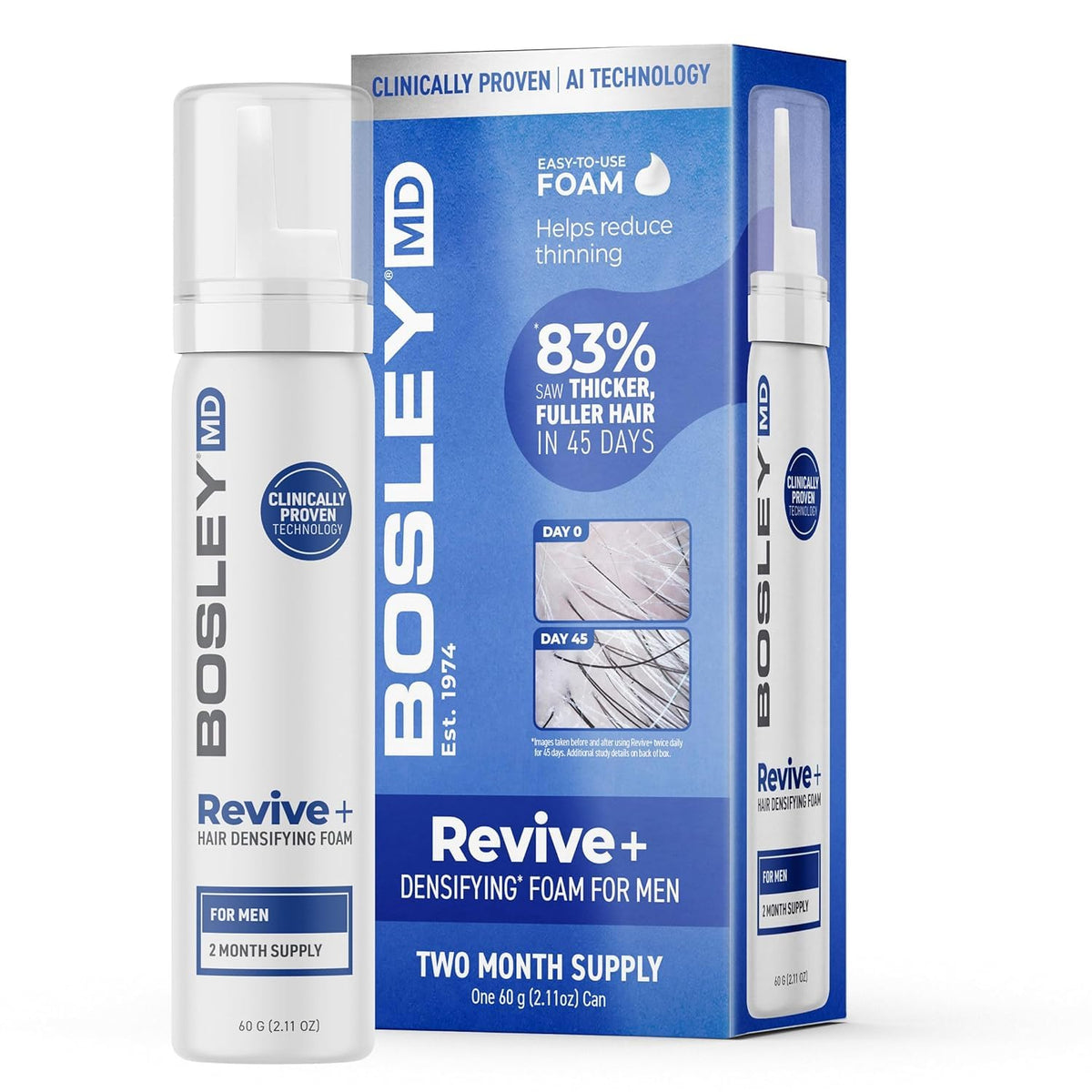 BosleyMD front packaging showing foam can and benefits