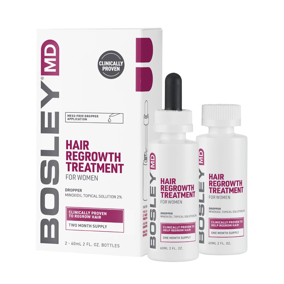 BosleyMD front packaging showing two 2 fl oz bottles and branding benefits