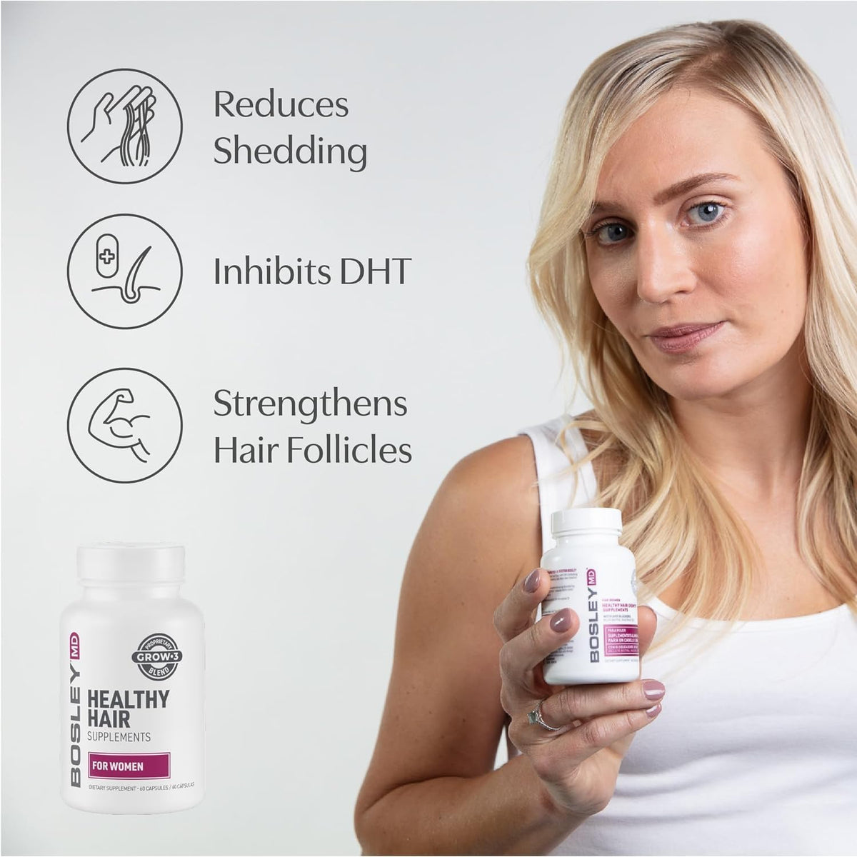 Detailed ingredients label on BosleyMD bottle showing biotin, niacin, zinc and botanicals