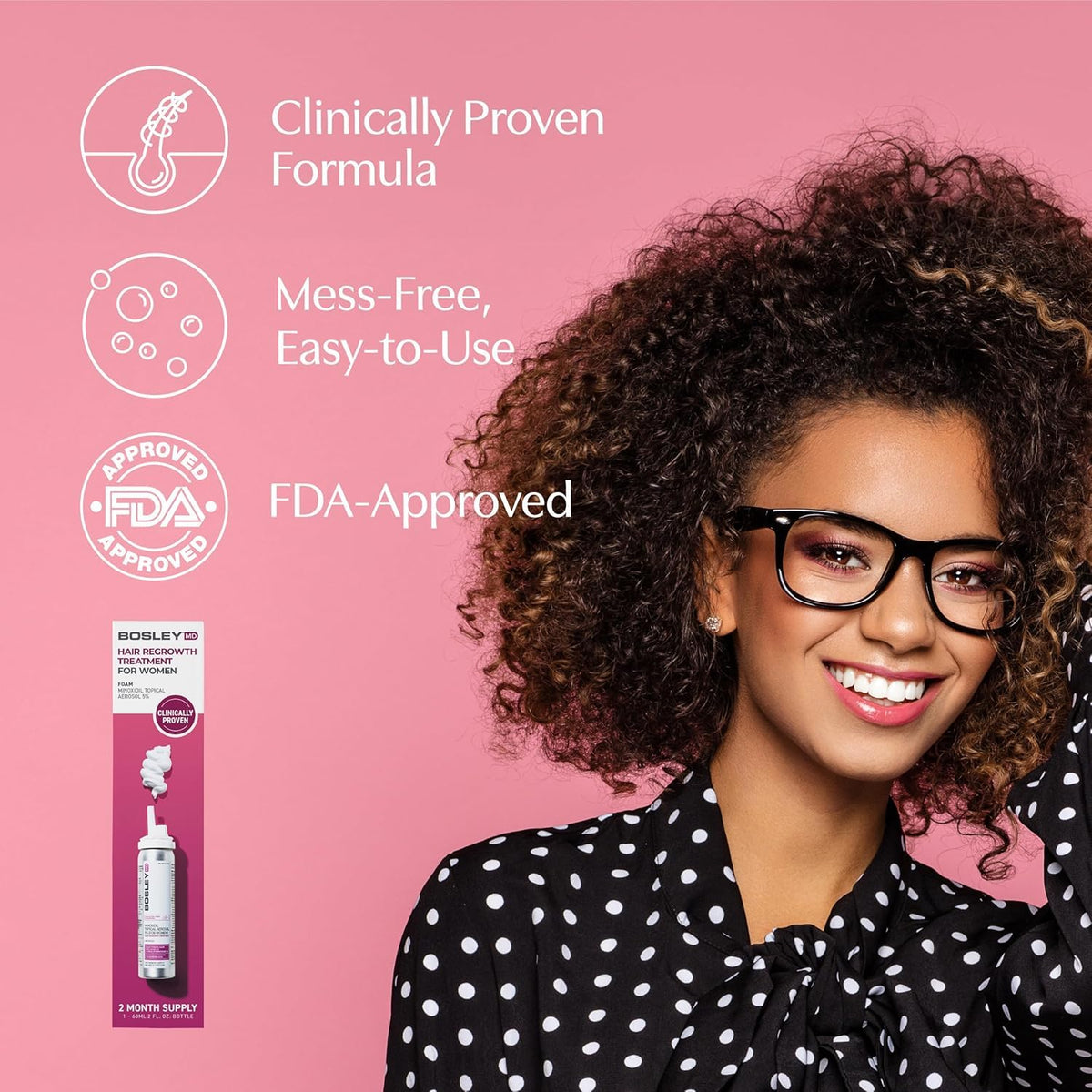 BosleyMD woman styling hair after application, showing easy integration into routine