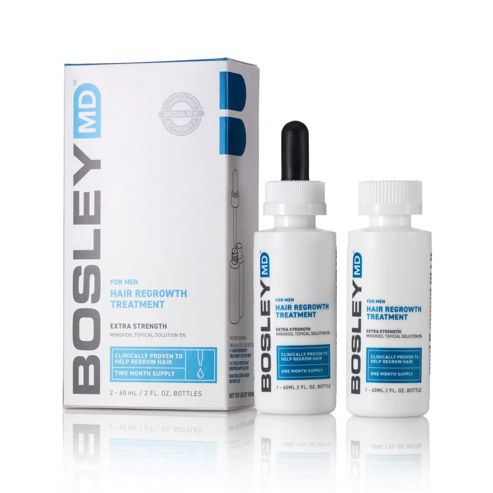 BosleyMD front packaging showing two 2 fl oz bottles and product branding benefits