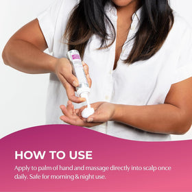 BosleyMD foam applied to scalp with fingers, showing precise no-drip application benefit