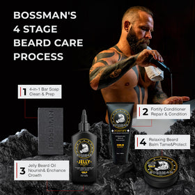 Bossman bar on bathroom shelf styled to show lifestyle grooming simplicity