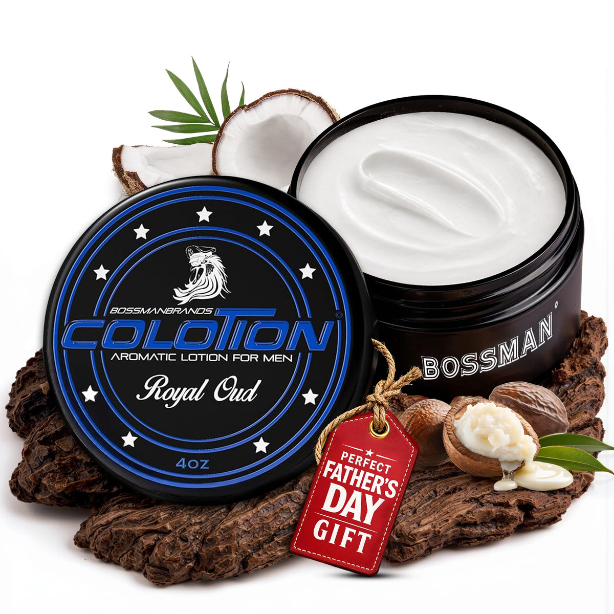 Bossman Colotion front packaging showing product and Royal Oud benefit