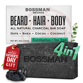 Bossman charcoal soap front packaging showing brand and scent for clear identification and appeal