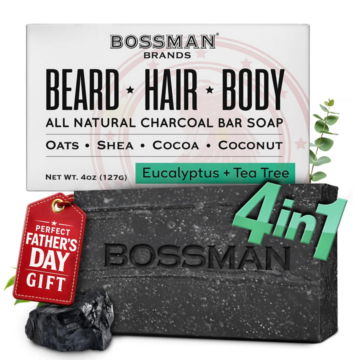 Bossman charcoal soap front packaging showing brand and scent for clear identification and appeal