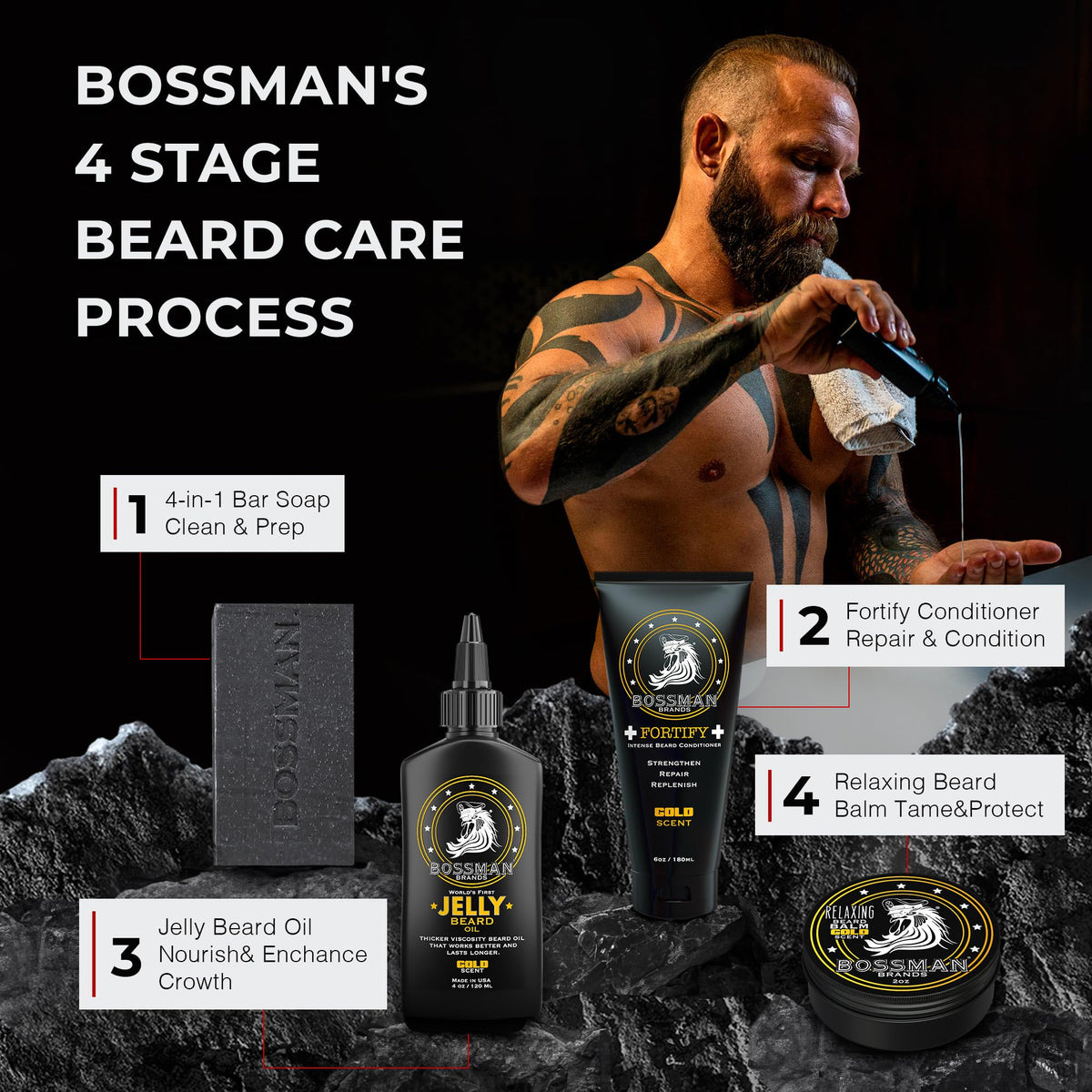Bossman soap on shower shelf in lifestyle setting showing tidy grooming and travel-ready benefit