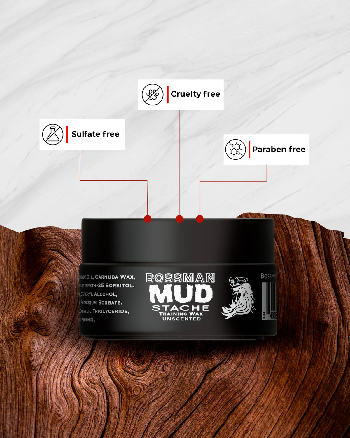 Styled handlebar mustache with Bossman wax showing strong all-day hold