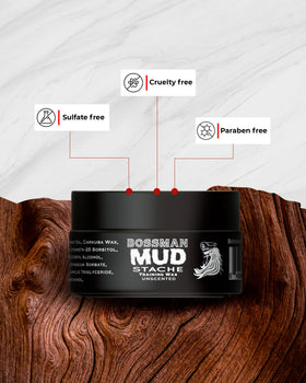 Styled handlebar mustache with Bossman wax showing strong all-day hold