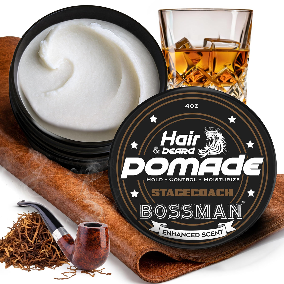 Bossman jar front view showing Stagecoach scent and packaging benefits