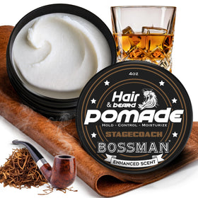 Bossman jar front view showing Stagecoach scent and packaging benefits
