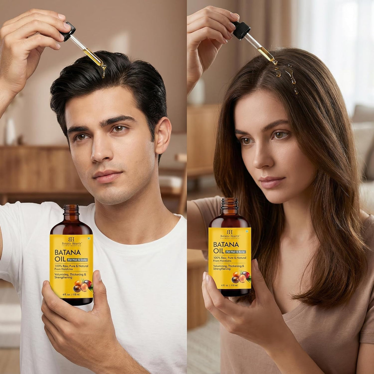 Close-up of Botanic Hearth label highlighting raw pure batana oil formulation benefit