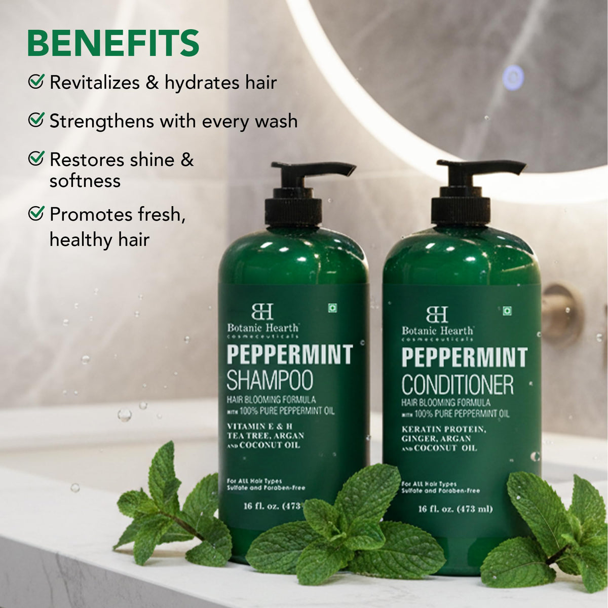 Botanic Hearth bottle open with peppermint oil sheen, highlighting natural ingredients