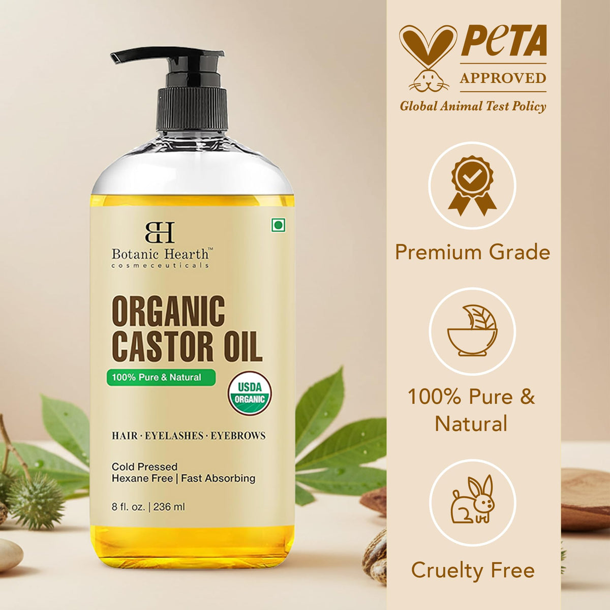 Botanic Hearth bottle and castor seeds flatlay showing raw ingredient focus