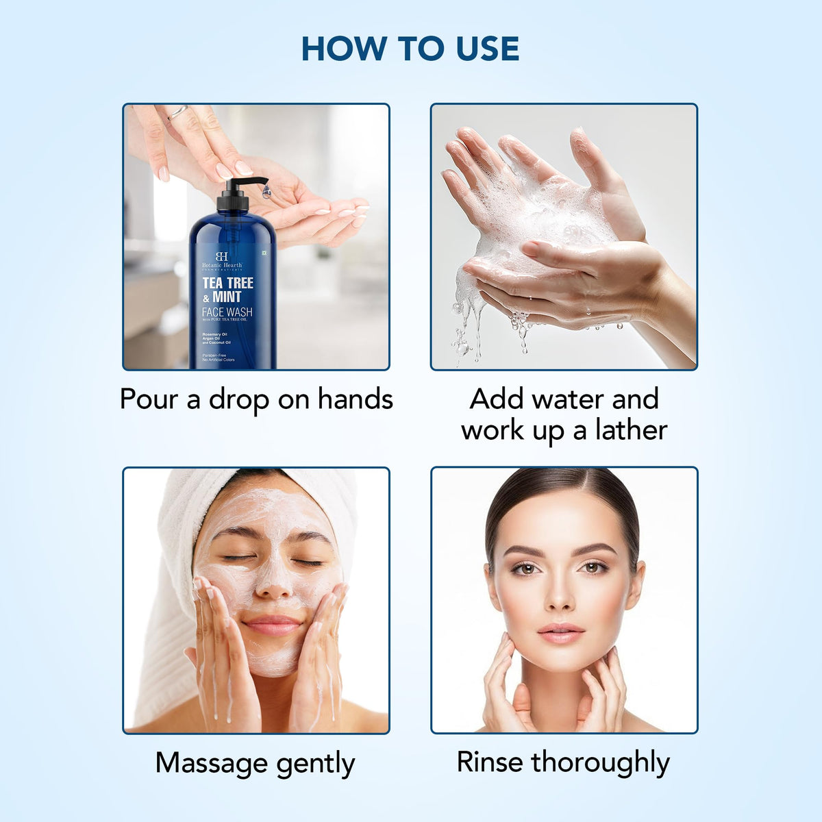 Botanic Hearth face wash in use with rinsed skin, refreshing feel