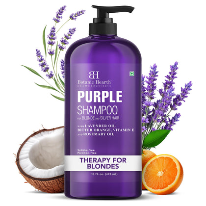 Botanic Hearth front bottle showing purple shampoo for tone control and shine