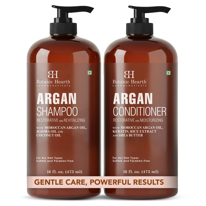 Botanic Hearth front packaging showing shampoo and conditioner benefits