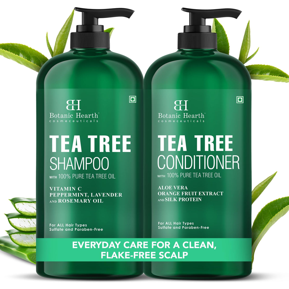 Botanic Hearth front packaging showing full tea tree shampoo and conditioner set and benefits