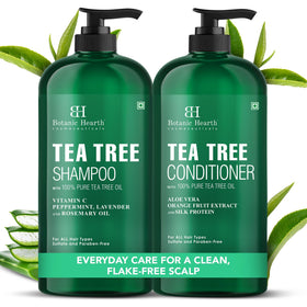 Botanic Hearth front packaging showing full tea tree shampoo and conditioner set and benefits