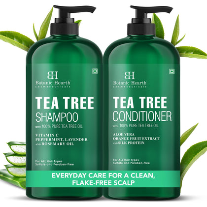 Botanic Hearth front packaging showing full tea tree shampoo and conditioner set and benefits