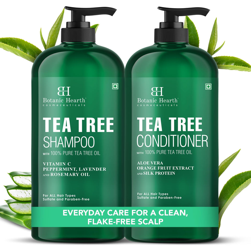 Botanic Hearth front packaging showing full tea tree shampoo and conditioner set and benefits