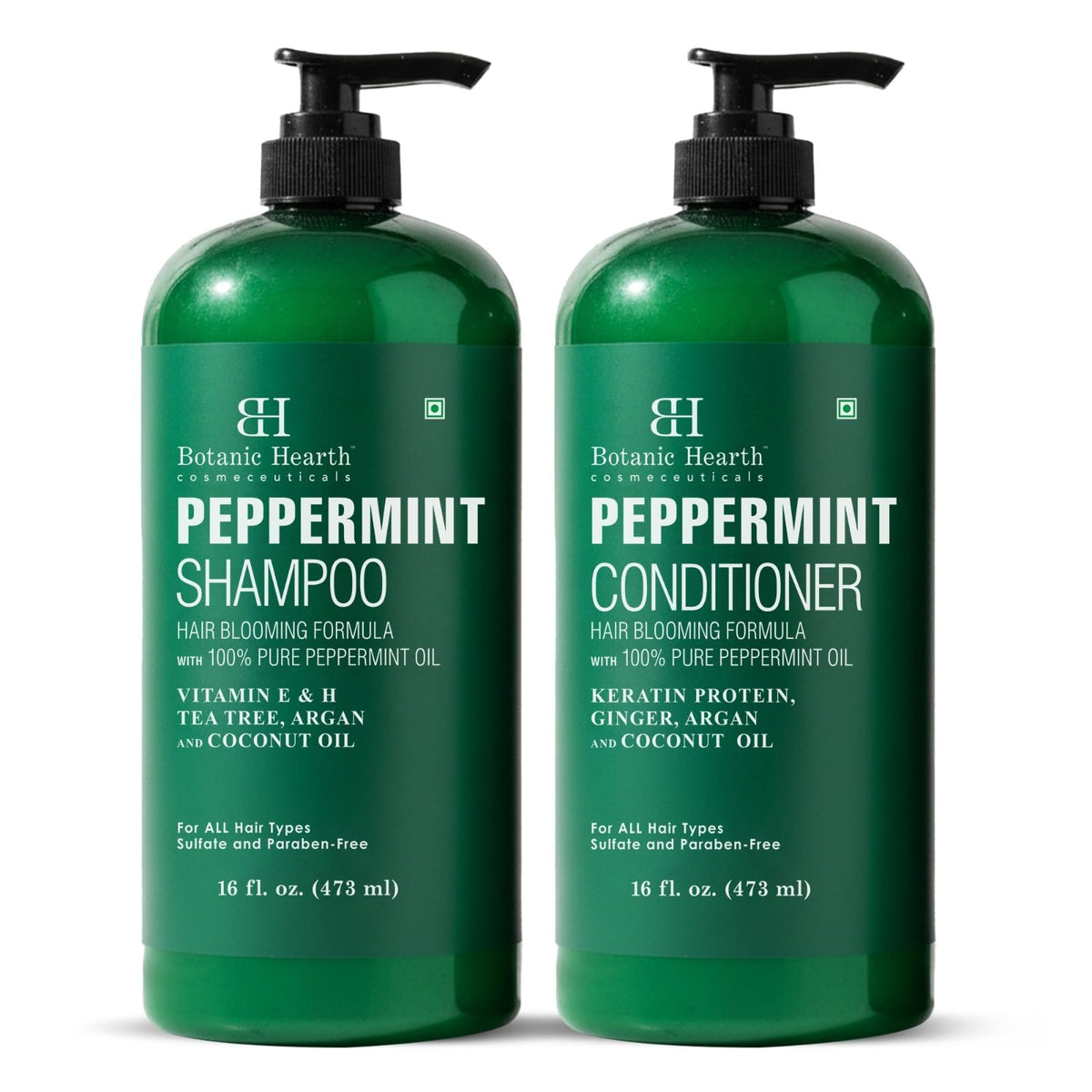 Botanic Hearth front packaging showing shampoo and conditioner, clear branding and size