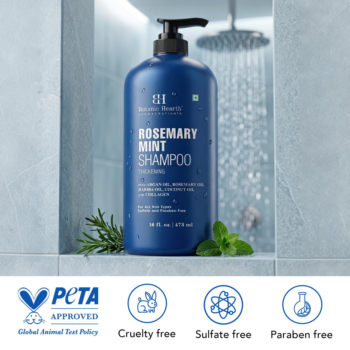Botanic Hearth shampoo in shower use illustrating refreshing scalp care