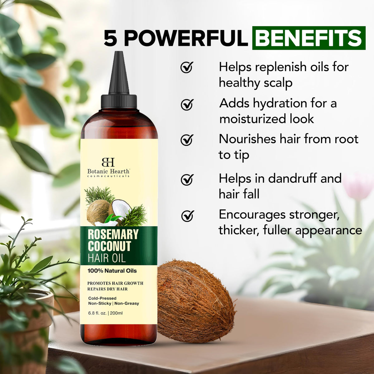 Botanic Hearth bottle with rosemary and coconut highlighting natural ingredients