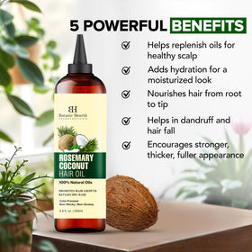 Botanic Hearth bottle with rosemary and coconut highlighting natural ingredients