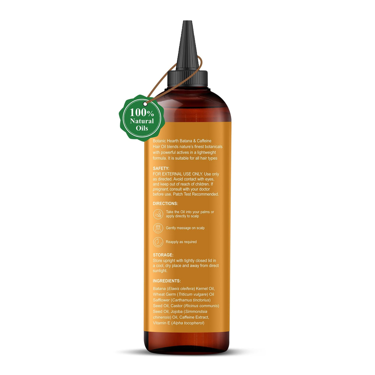 Botanic Hearth ingredients label focusing on batana, caffeine, and coconut oil benefits