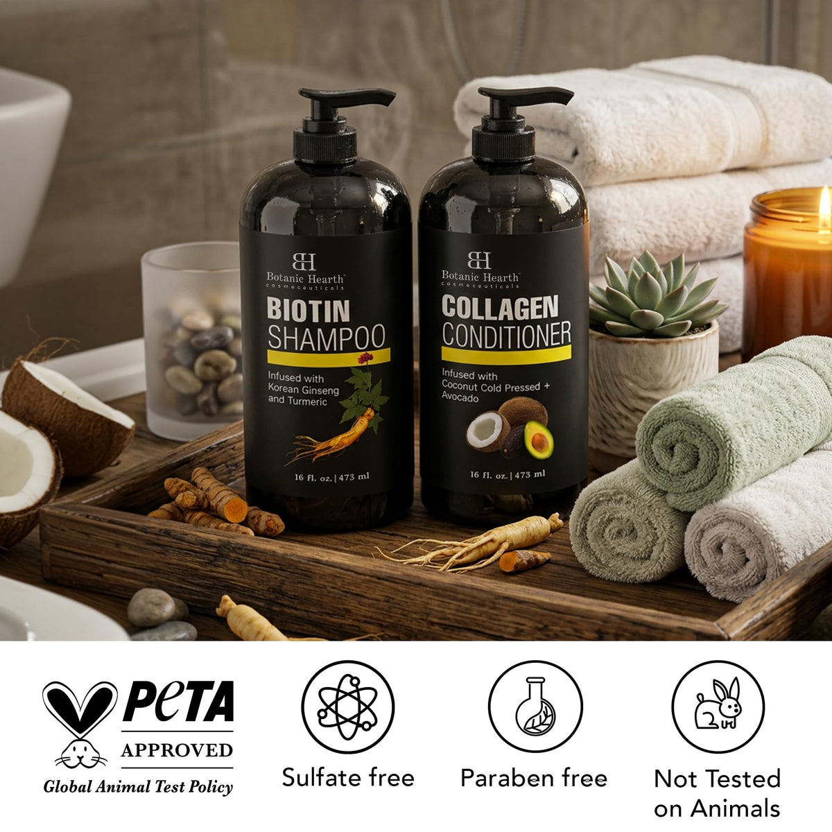 Botanic Hearth label closeup highlighting biotin and collagen strengthening benefit