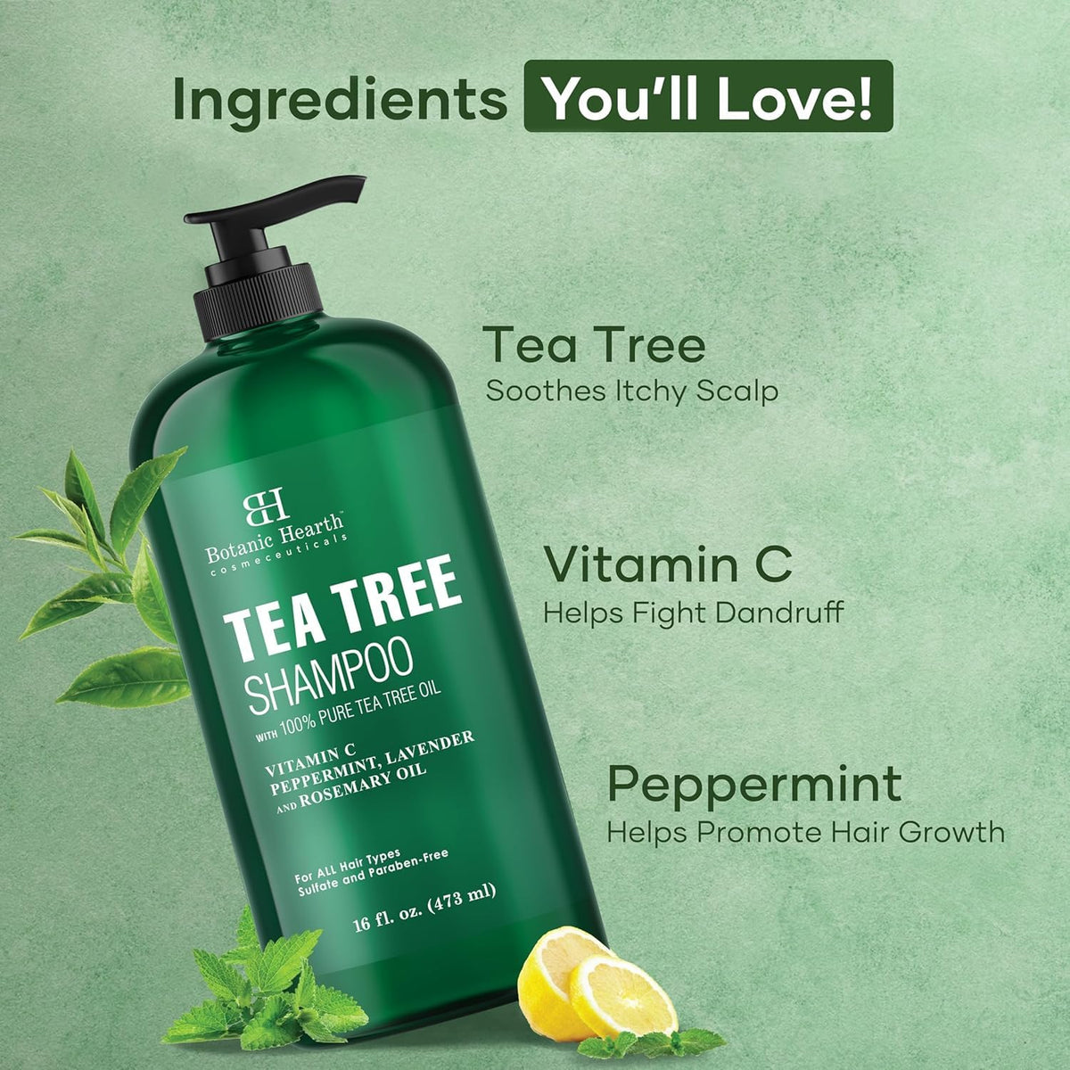 Botanic Hearth label close-up listing tea tree and botanicals