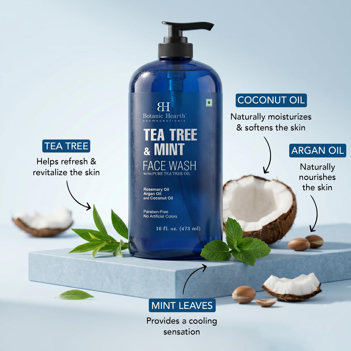 Botanic Hearth mint and tea tree leaves illustrating soothing botanicals