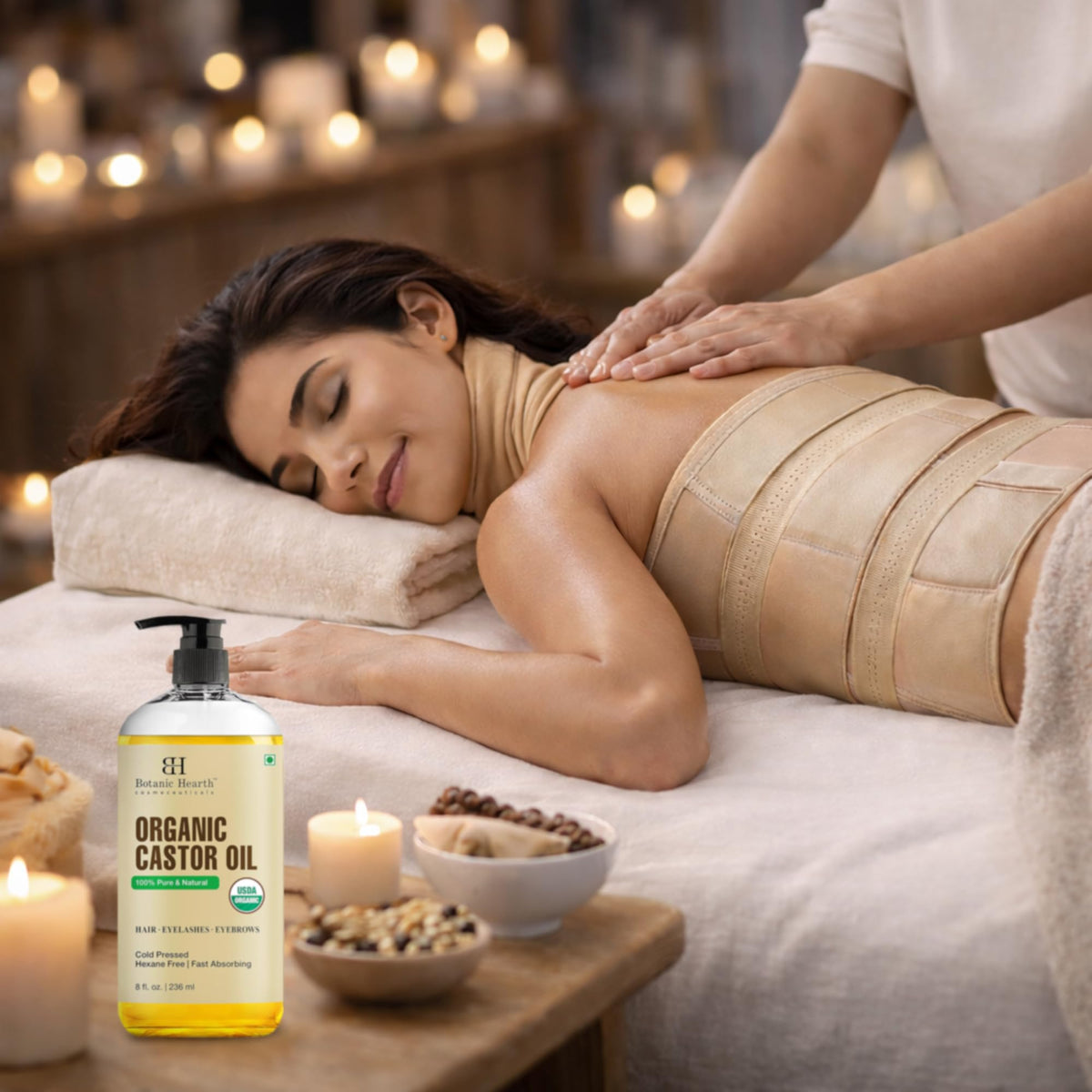 Botanic Hearth oil pouring from bottle showing cold-pressed clarity benefit
