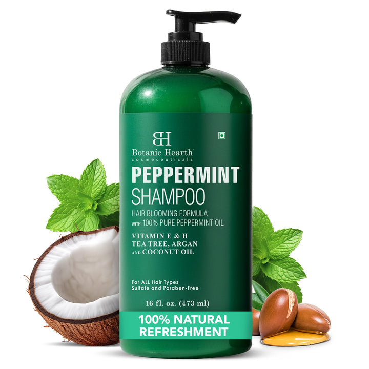 Botanic Hearth peppermint shampoo front bottle showing label and size benefits
