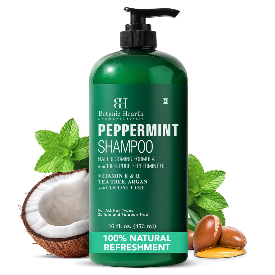 Botanic Hearth peppermint shampoo front bottle showing label and size benefits