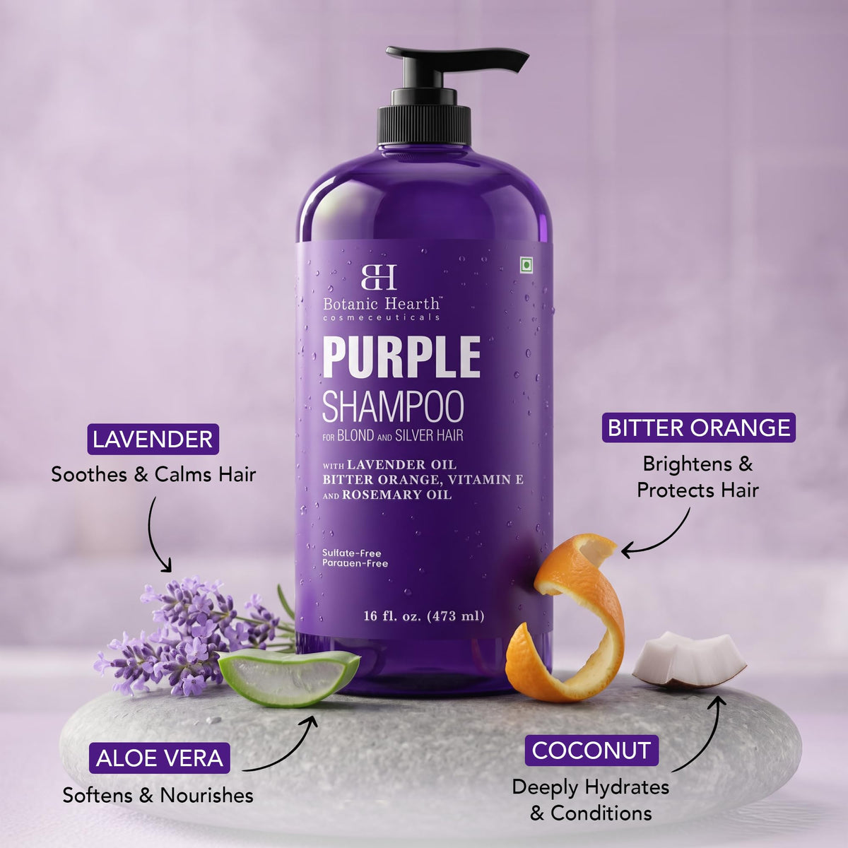 Botanic Hearth pour showing creamy purple texture and gentle lather benefit