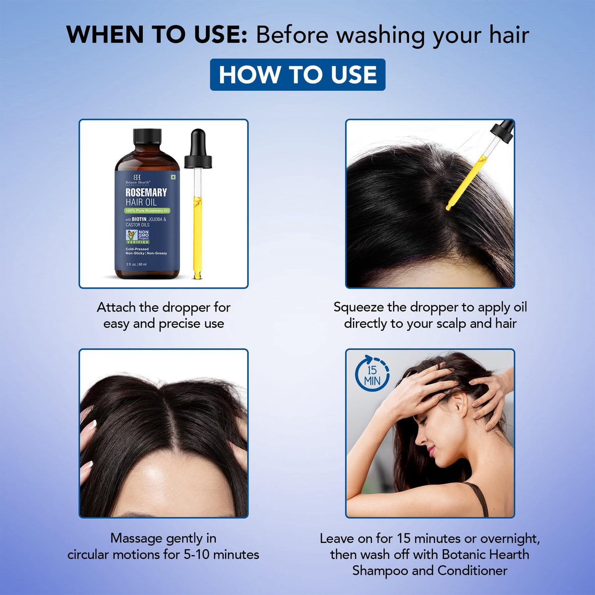 Botanic Hearth oil applied to scalp demonstrating targeted delivery and improved scalp hydration
