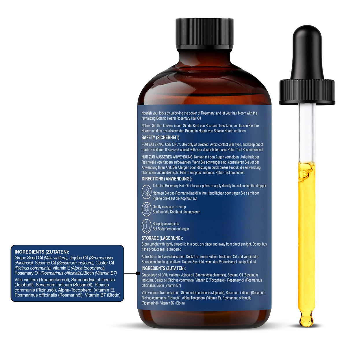 Botanic Hearth ingredients arranged: rosemary, jojoba, castor and biotin for nourishing blend