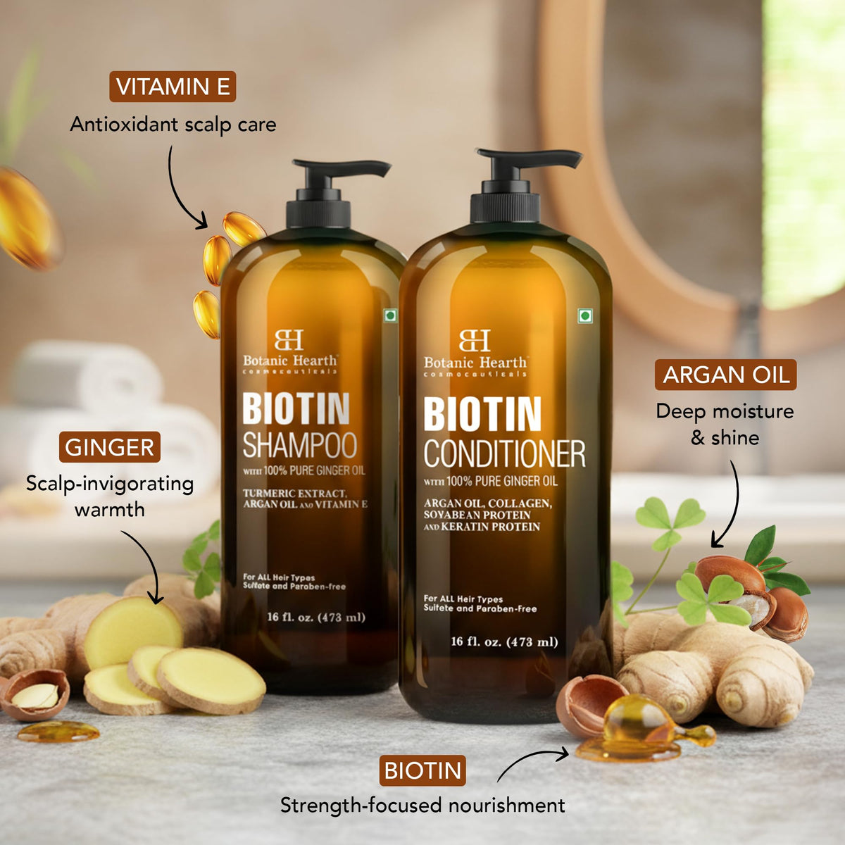 Botanic Hearth shampoo pump action demonstrating easy dispensing and daily use benefit