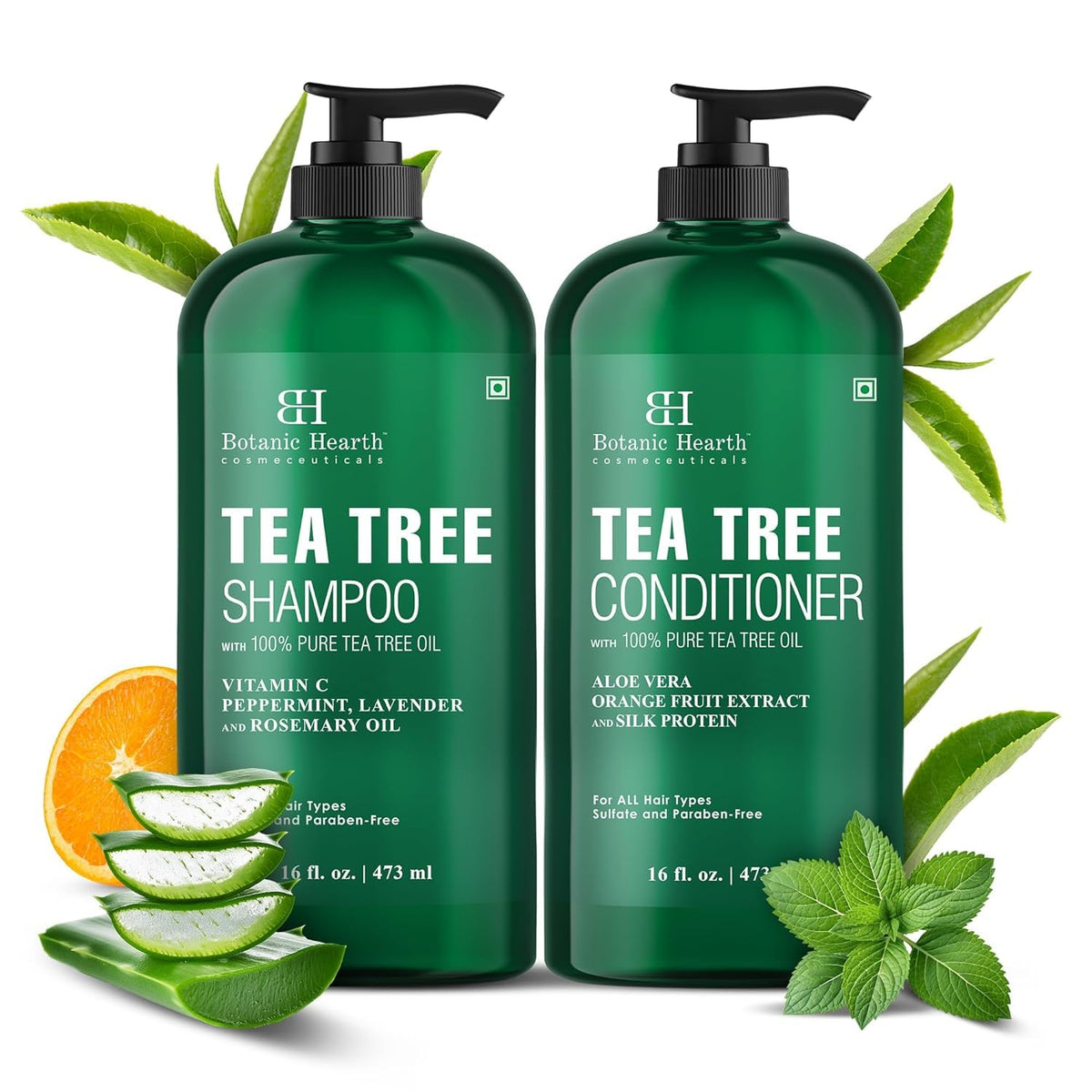 Botanic Hearth shampoo pump close-up with visible clear formula and refreshing feel