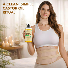 Botanic Hearth wrap applied to stomach demonstrating hands-free topical use benefit
