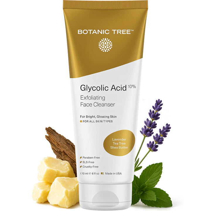 Botanic Tree front packaging showing 10% glycolic acid cleanser benefits
