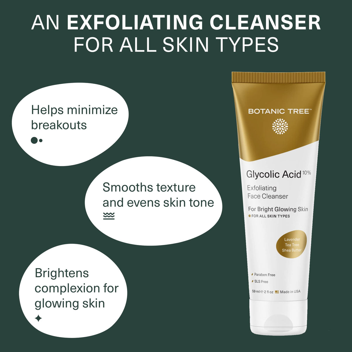 Botanic Tree ingredients label highlighting 10% glycolic and salicylic acids benefits