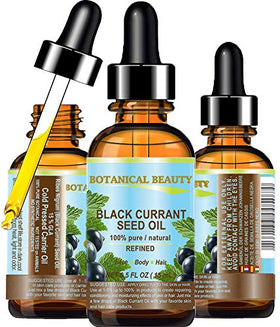 Botanical Beauty front bottle showing pure black currant seed oil, clear packaging and small size benefit