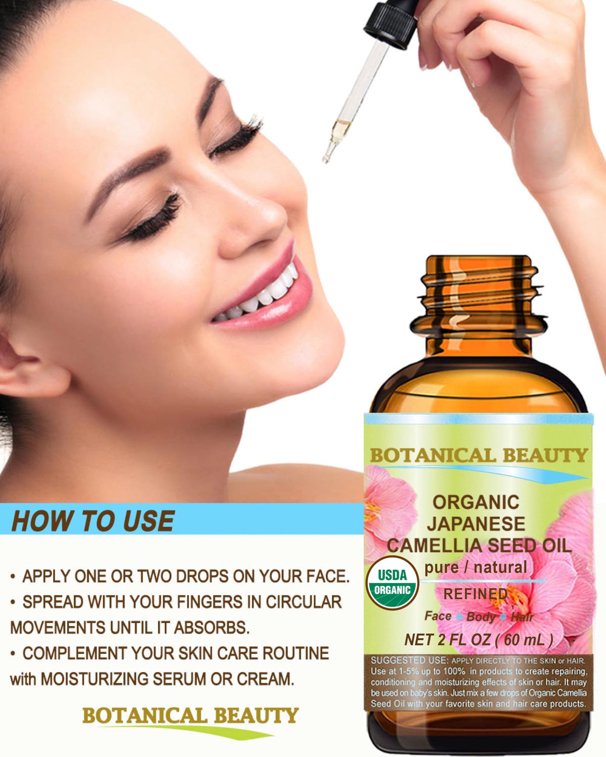 Hair ends treated with Botanical Beauty camellia oil showing improved shine
