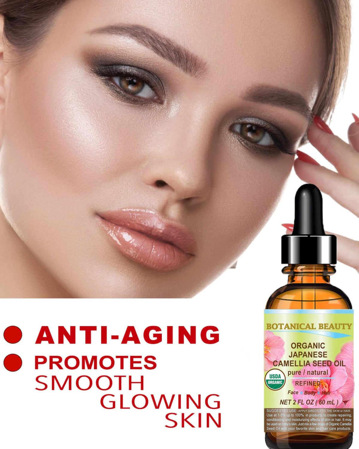 Applying Botanical Beauty camellia oil in hand demonstrating smooth application