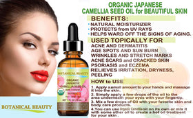 Ingredient label on Botanical Beauty camellia bottle highlighting organic purity